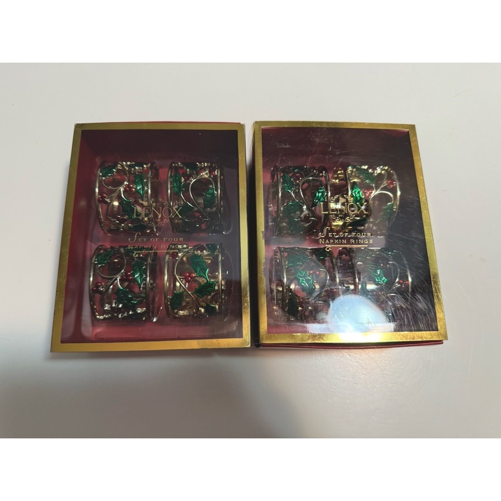 Lenox Holly & Berry Napkin Rings Set of 4 Metal Gold Green Red Christmas